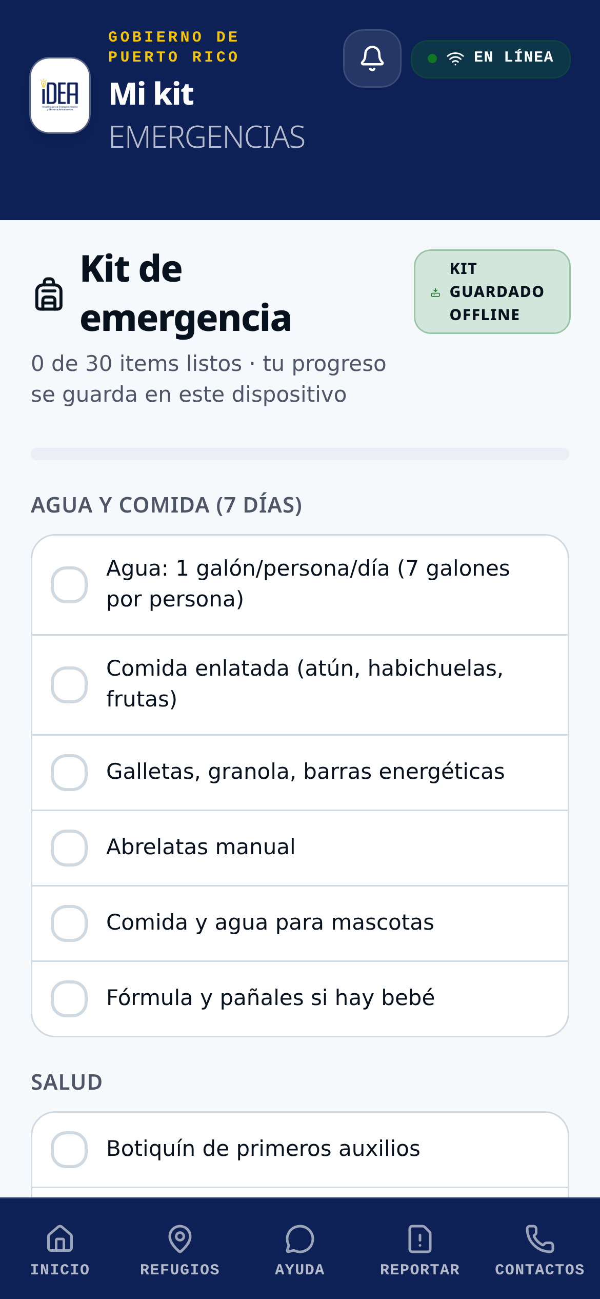 Pantalla del app: Kit