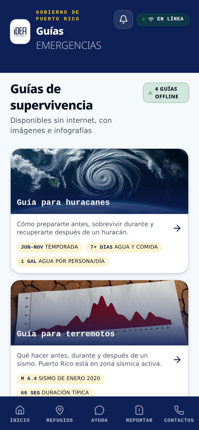 Pantalla del app: Guías